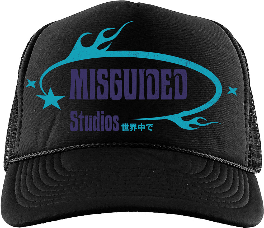 Black trucker hat with blue and purple 'Misguided Studios' logo on a white background