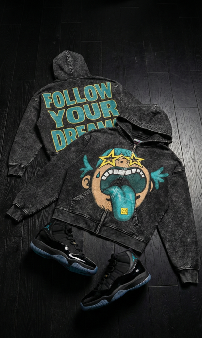 Follow Your Dreams (Air Jordan 11 Gamma Blue) 440GSM Vintage Snow Wash Full-zip Hoodie